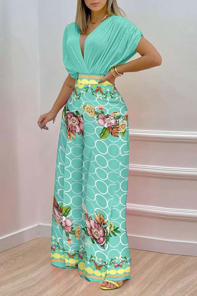 Women's 2 Piece Set Sexy V-Neck Crop and Floral Print Wide Leg Pants