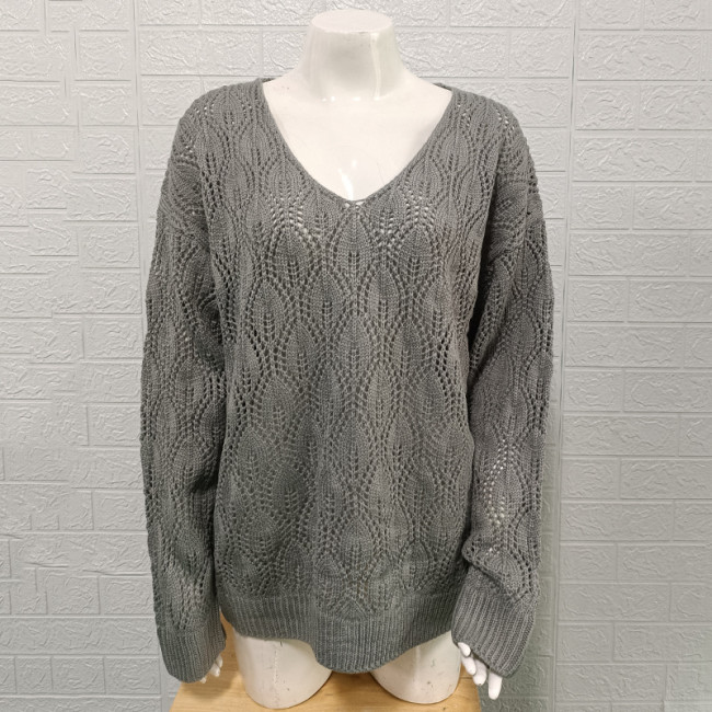 Women's Sweater Long Sleeve Casual Basics Regular Plain V Neck Hollow out Sweater