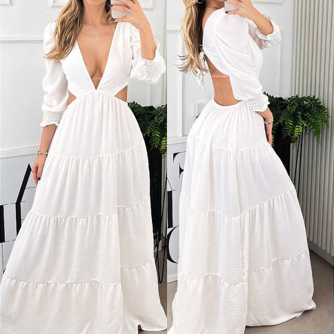 Women's Cutout Dress Sexy V-Neck Ruffle Cake Dress Maxi Dresses