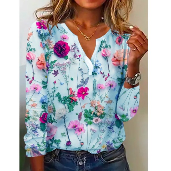 Women's Floral Print T-Shirts All over Floral Print Long Sleeve Top