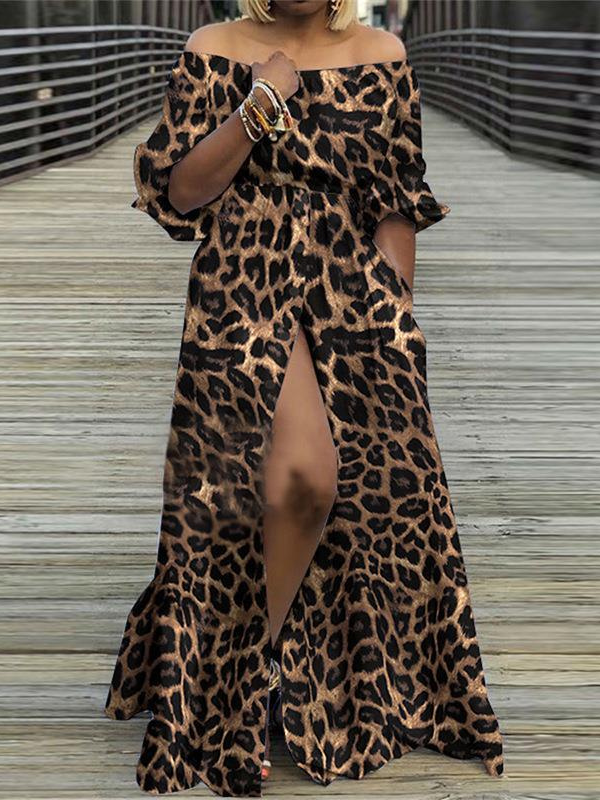 US$ 39.99 - Leopard Print Off Shoulder High Split Maxi Dress - www ...