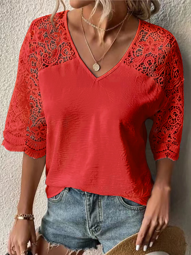 Women's Lace Shirt V-Neck Lace Sleeve Casual T-Shirts