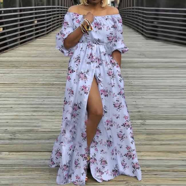 Floral Print Off Shoulder High Split Maxi Dress