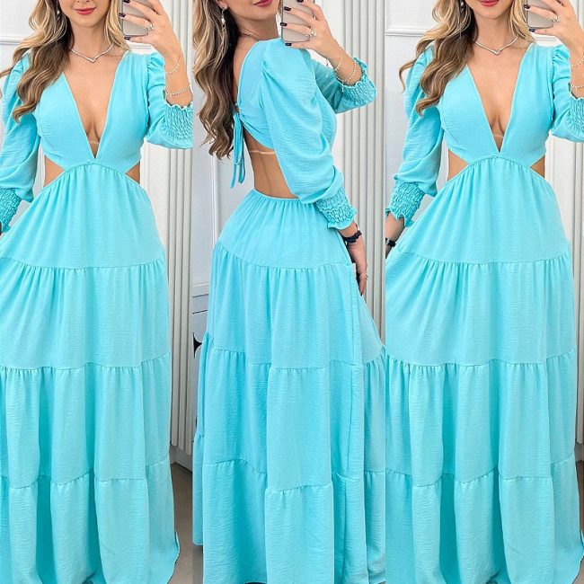 Women's Cutout Dress Sexy V-Neck Ruffle Cake Dress Maxi Dresses