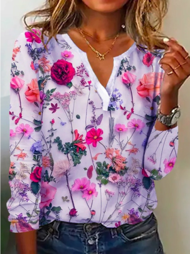 Women's Floral Print T-Shirts All over Floral Print Long Sleeve Top