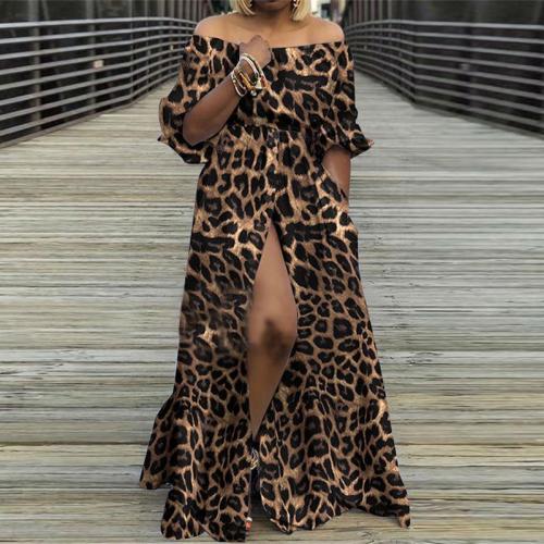 Leopard Print Off Shoulder High Split Maxi Dress