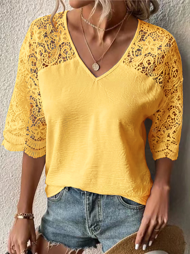Women's Lace Shirt V-Neck Lace Sleeve Casual T-Shirts