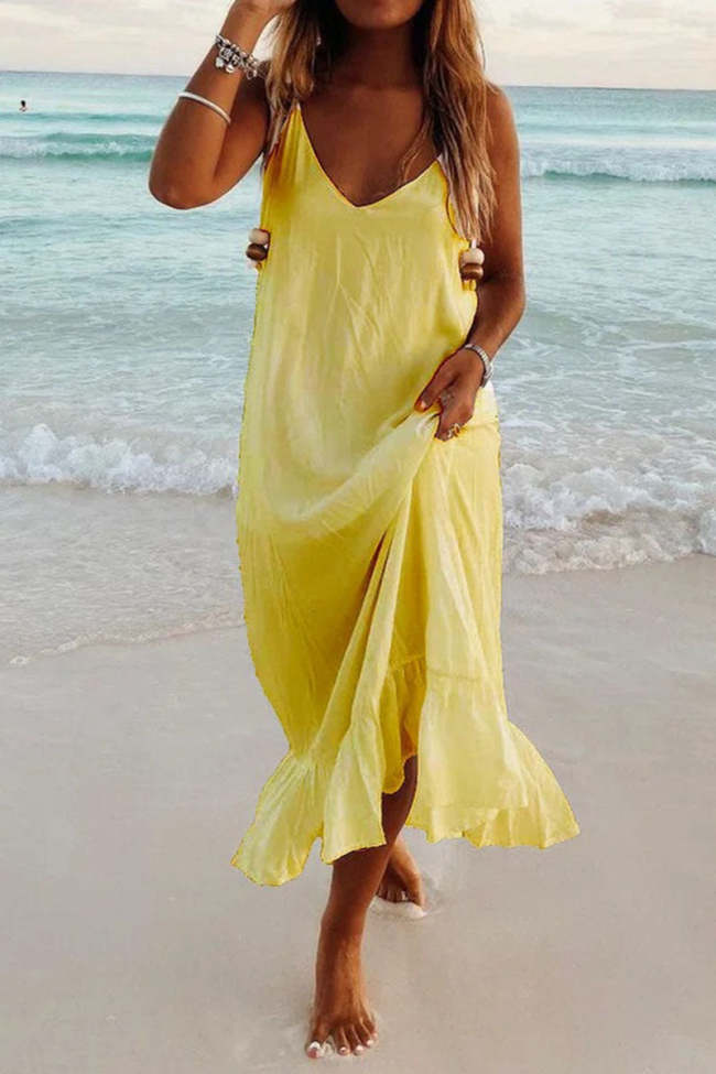Fashion Simplicity Solid Patchwork V Neck Beach Dresses(5 Colors)