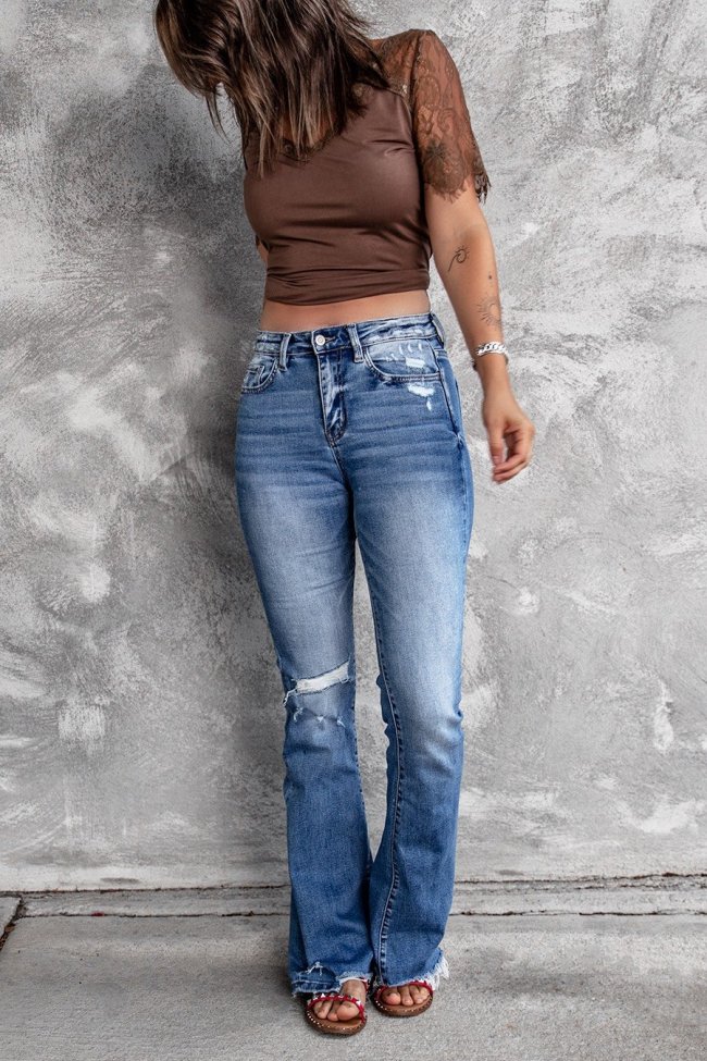 High Waist Ripped Flare Leg Denim Jeans