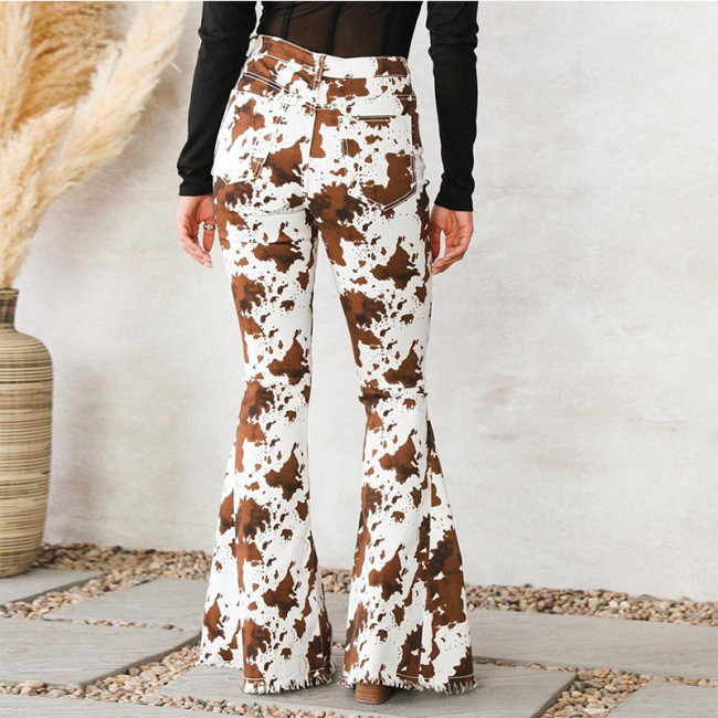 Women's Cowgirl Jeans High Waist Cow Print Flare Jeans Western Pant