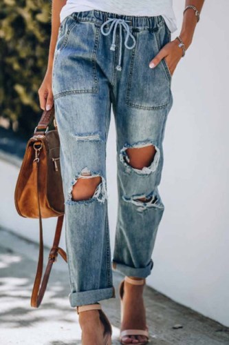 Women's Retro Boyfriend Jeans Cotton Pocketed Denim Bottoms