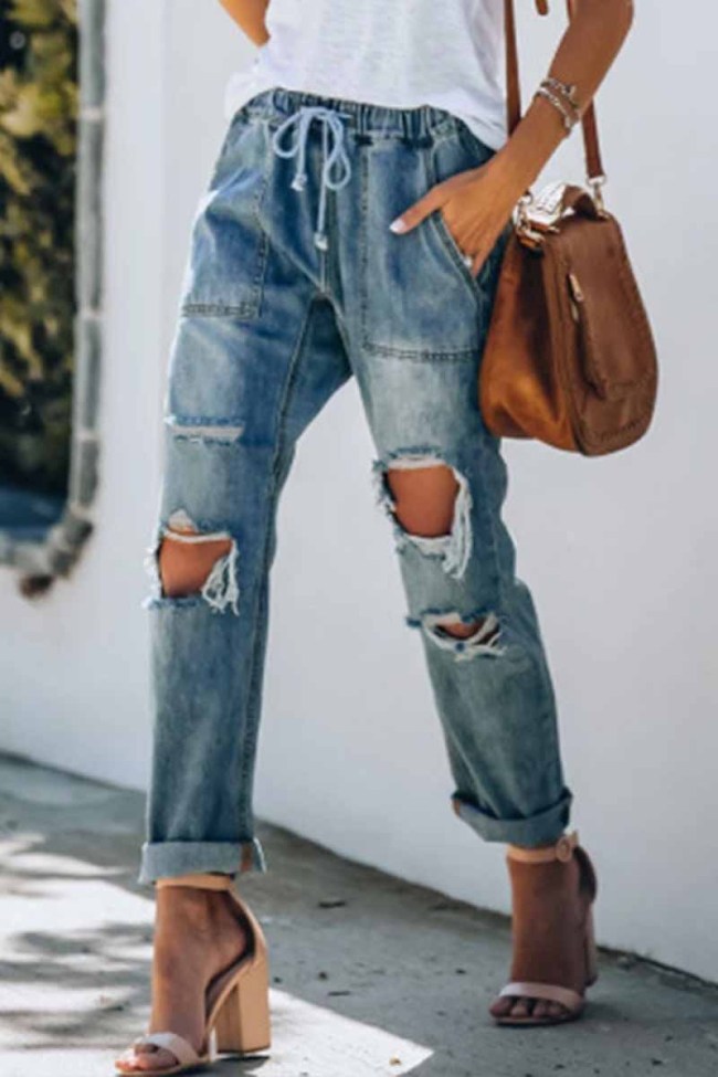 Women's Retro Boyfriend Jeans Cotton Pocketed Denim Bottoms