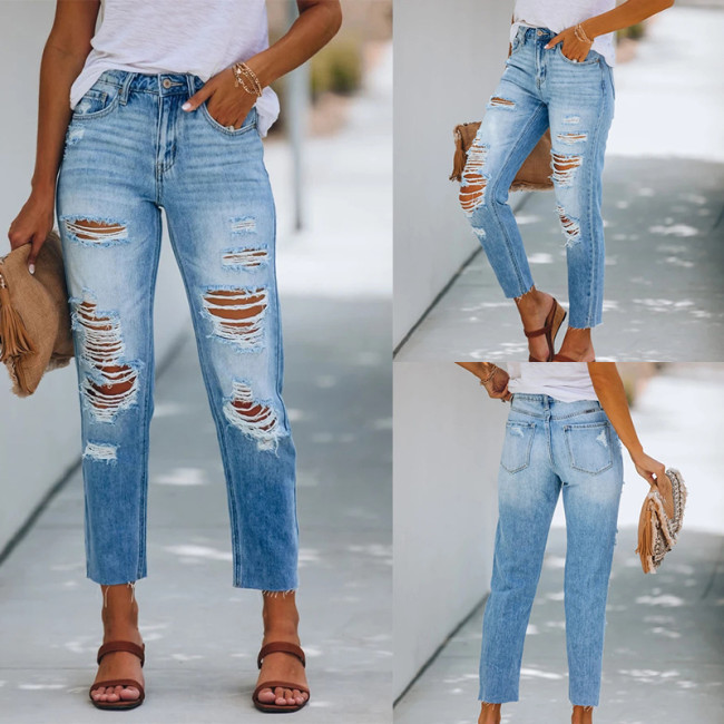 Women's Spring Summer Denim Ripped Hole Straight Denim Jeans