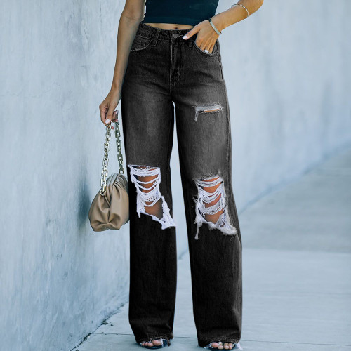 Women's Denim Jeans Mid-Waist Ripped Hole Cowgirl Street Jeans