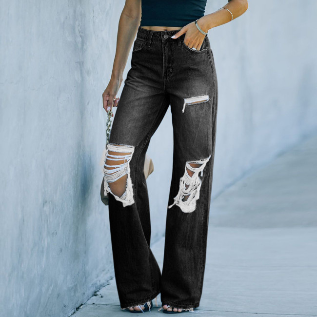 Women's Denim Jeans Mid-Waist Ripped Hole Cowgirl Street Jeans