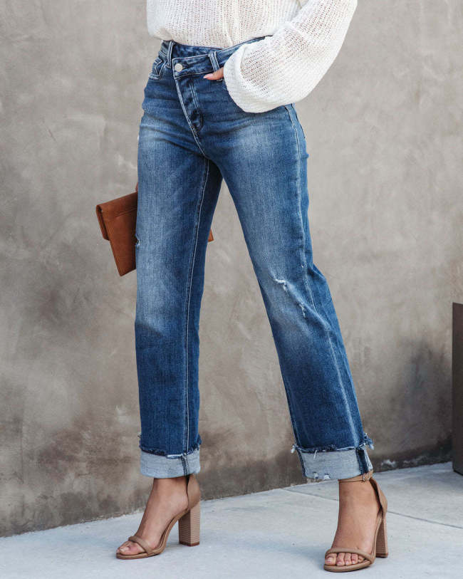 Women's Washed Straight Denim Jeans
