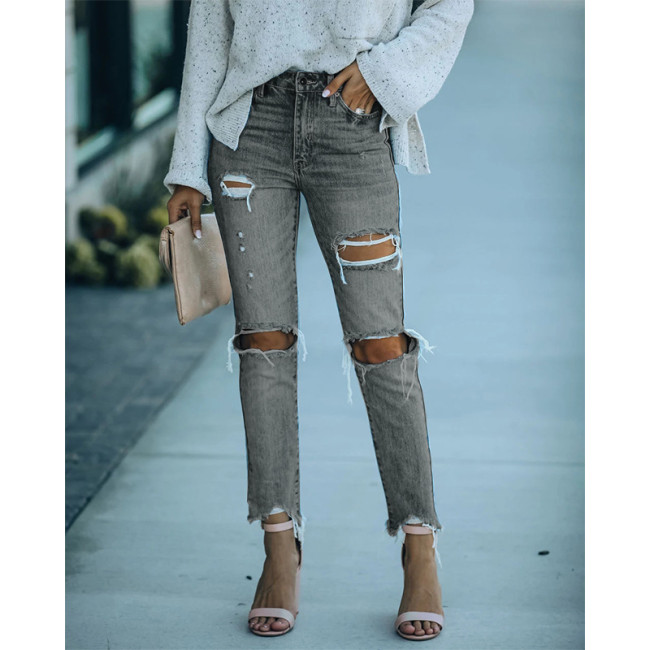 Women's Denim Straight Pants Washed Ripped Casual Retro Jeans
