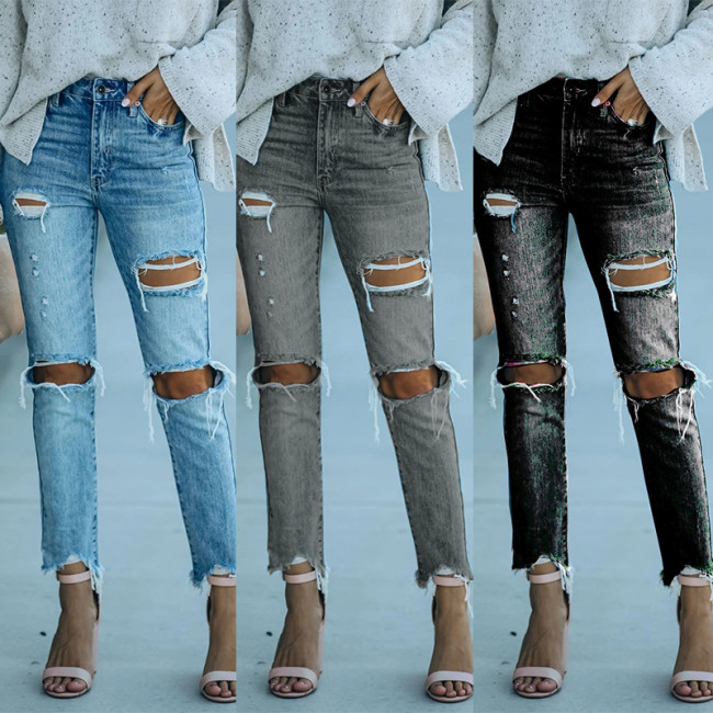 Women's Denim Straight Pants Washed Ripped Casual Retro Jeans