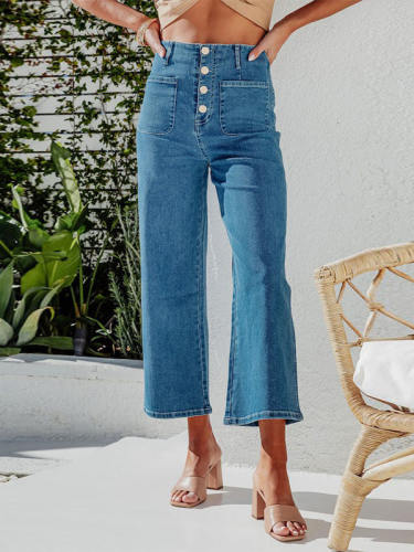 Retro Loose Straight Single Breasted High Waist Ladies Jeans Crop Wide Leg Denim Pants