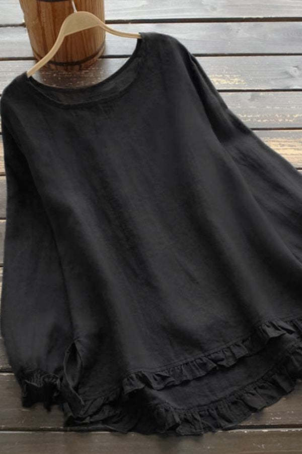 Women's Round Neck Cotton Linen Long Sleeve Blouse