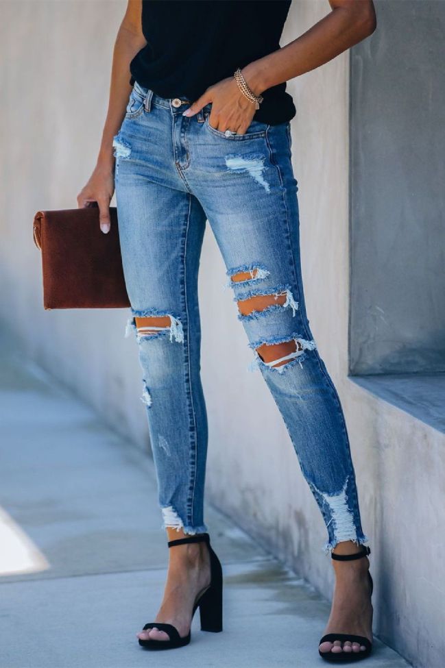 Women's Ripped Jeans Mid Rise Distressed Skinny Denim