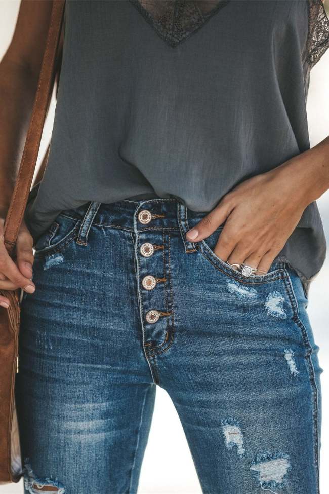 Women's Retro Jeans High Rise Split Ankle Distressed Skinny Denim