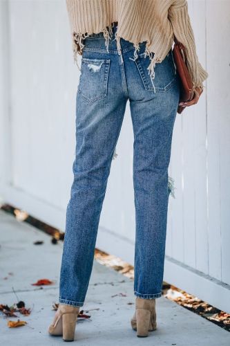Women's Ripped Jeans Distressed High Rise Straight Leg Denim