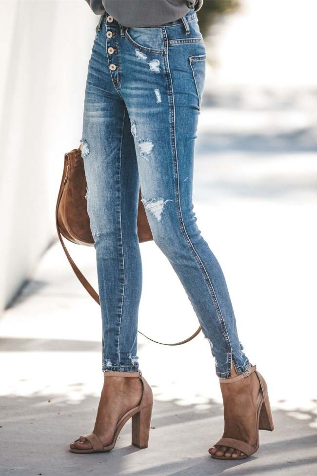 Women's Retro Jeans High Rise Split Ankle Distressed Skinny Denim