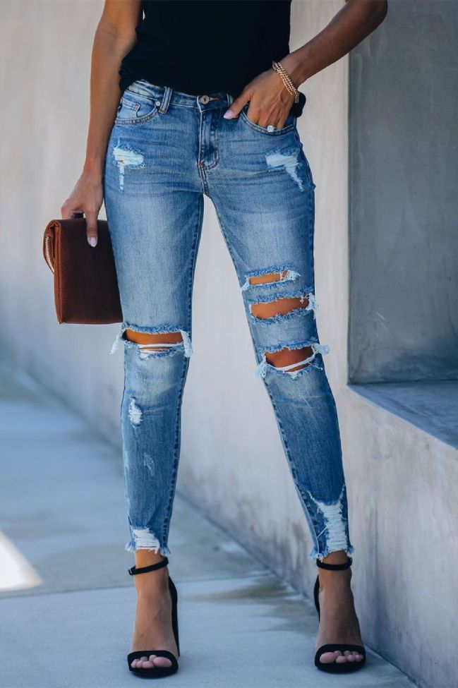 Women's Ripped Jeans Mid Rise Distressed Skinny Denim
