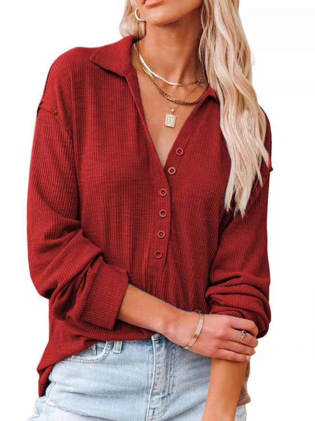 Women's T-Shirts Solid Long-Sleeved V-Neck Button T-Shirt