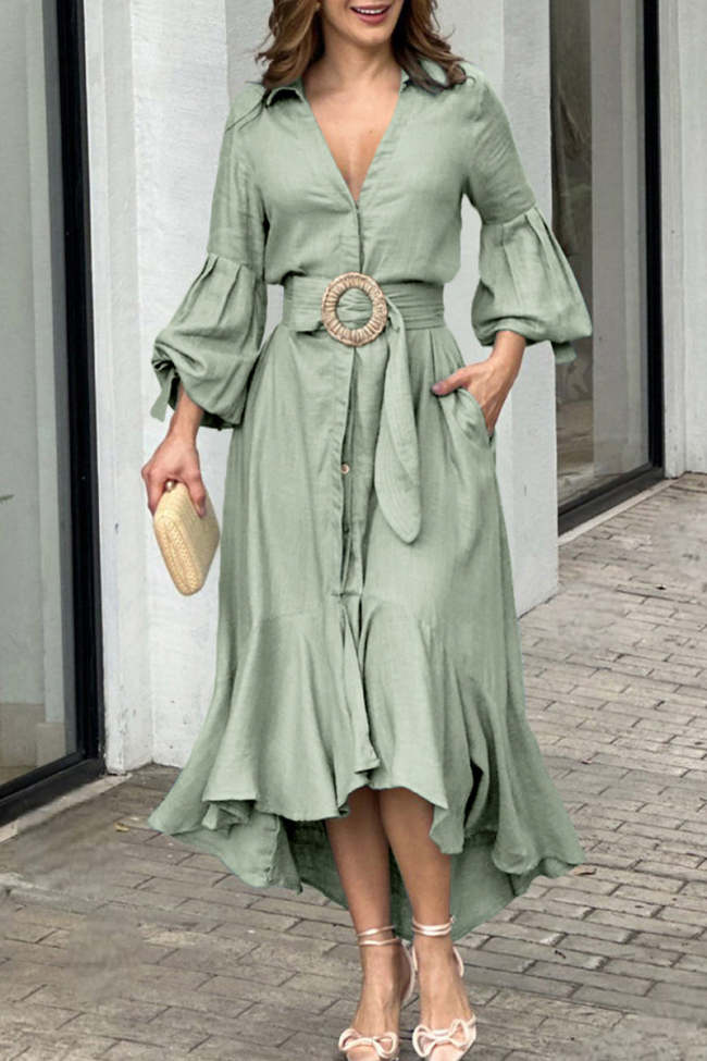 Casual Solid Patchwork With Belt V Neck Long Sleeve Dresses