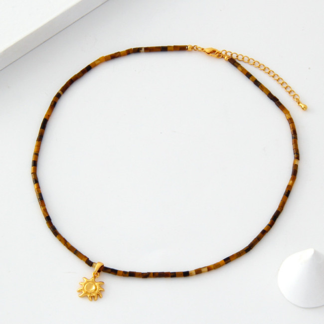 French Pearl Necklace / Tiger Eye Beaded Clavicle Chain/ 18K Gold Plated with Sun Pendant