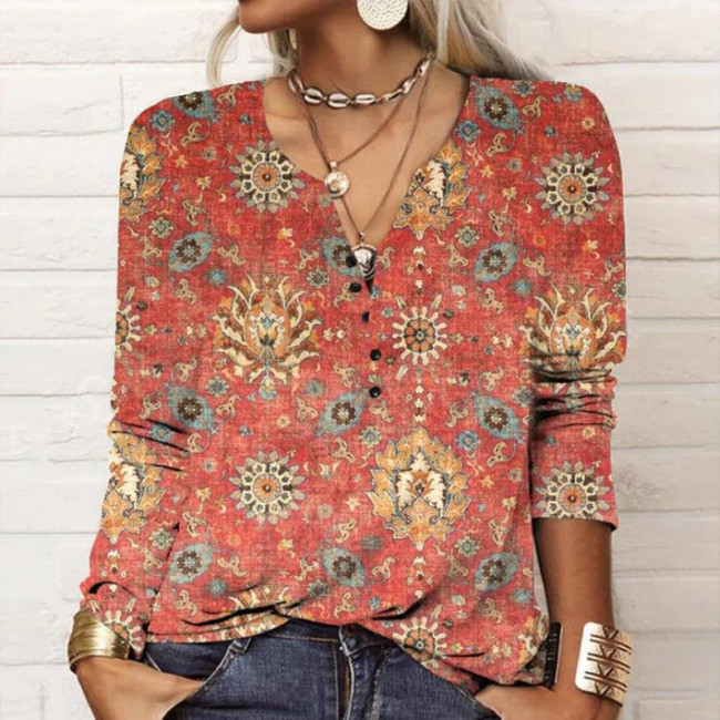 Ethnic Style Floral Print Blouse