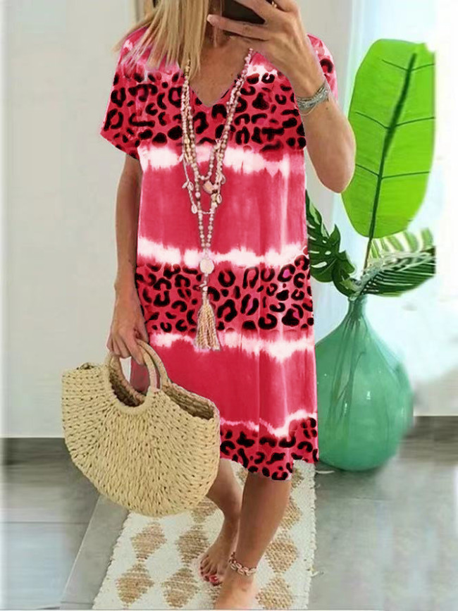 Women's Leopard Print Dress V-Neck Summer Holiday Beach Casual Dresses