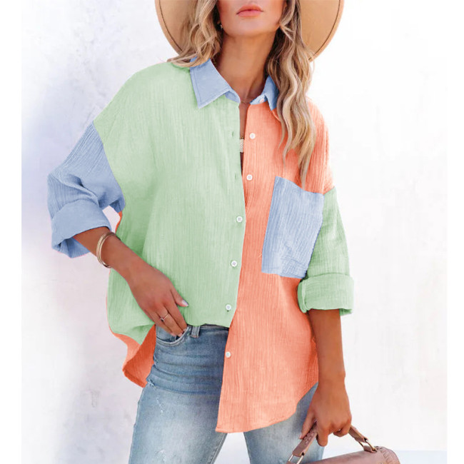Women's Blouses Color Patchwork Casual V-Neck Long Sleeve Button Blouse