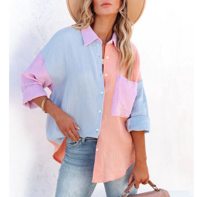 Women's Blouses Color Patchwork Casual V-Neck Long Sleeve Button Blouse