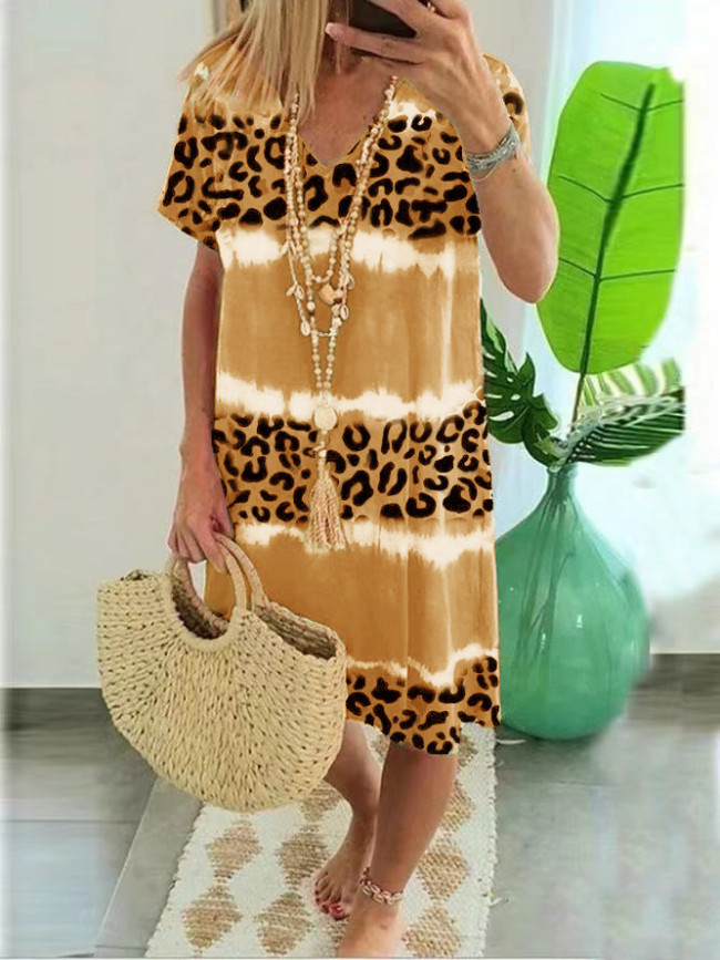 Women's Leopard Print Dress V-Neck Summer Holiday Beach Casual Dresses