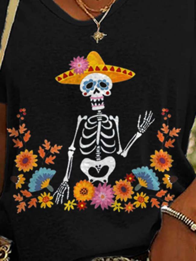 Women's Cinco De Mayo Undead Skull Print Short Sleeve
