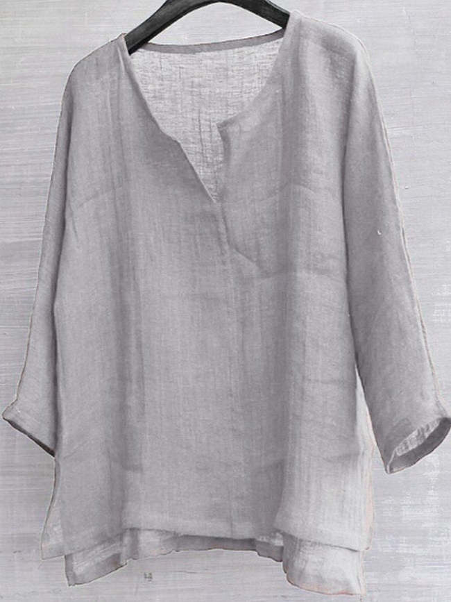Men's Cotton Linen Loose V-Neck Long Sleeve Shirt