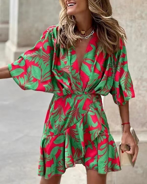 US 32.89 Bat Sleeve V Neck Irregular Hem Beach Dress Summer Holiday