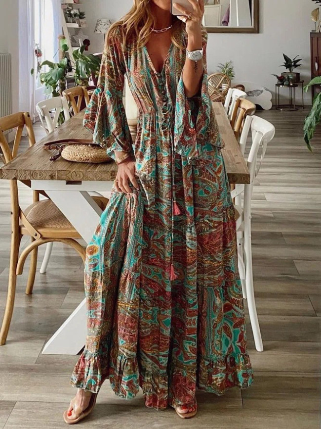 Women's Bohemian Dress V-neck Floral Printed Puff Long Sleeve Boho Beach Dress