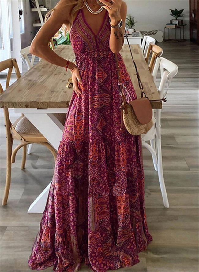 Women's Bohemian Dress V-neck High Waist Floral Printed Boho Beach Dress