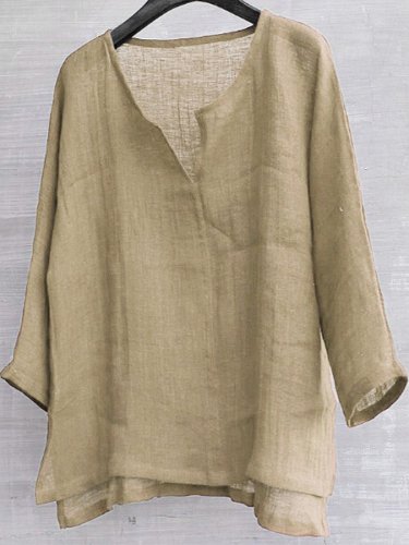 Men's Cotton Linen Loose V-Neck Long Sleeve Shirt