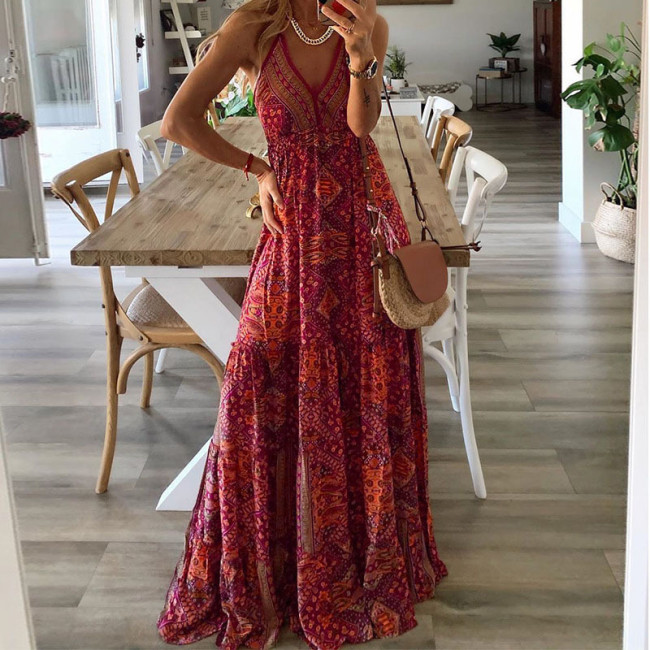 Women's Bohemian Dress V-neck High Waist Floral Printed Boho Beach Dress