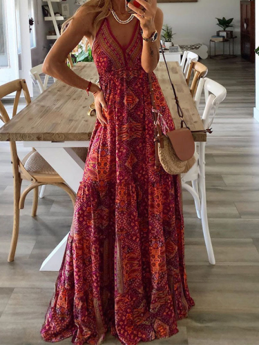 Women's Bohemian Dress V-neck High Waist Floral Printed Boho Beach Dress