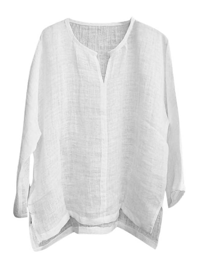 Men's Cotton Linen Loose V-Neck Long Sleeve Shirt