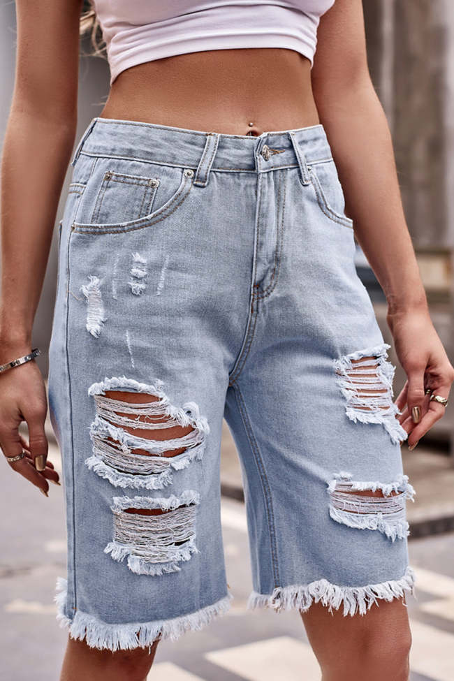 Casual Street Solid Ripped Make Old Mid Waist Denim Shorts