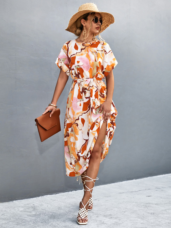 Women's Summer Dresses Artist Abstract Print O- Neck A Line Midi Dress
