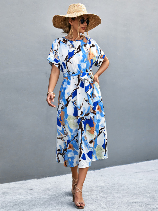 Women's Summer Dresses Artist Abstract Print O- Neck A Line Midi Dress