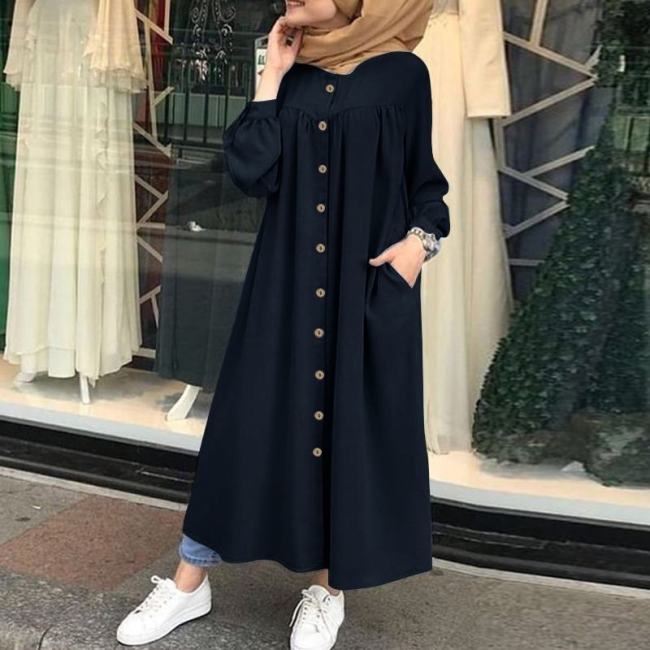 Women's Dresses Solid Pocket Button Long Sleeve Shirt Dress